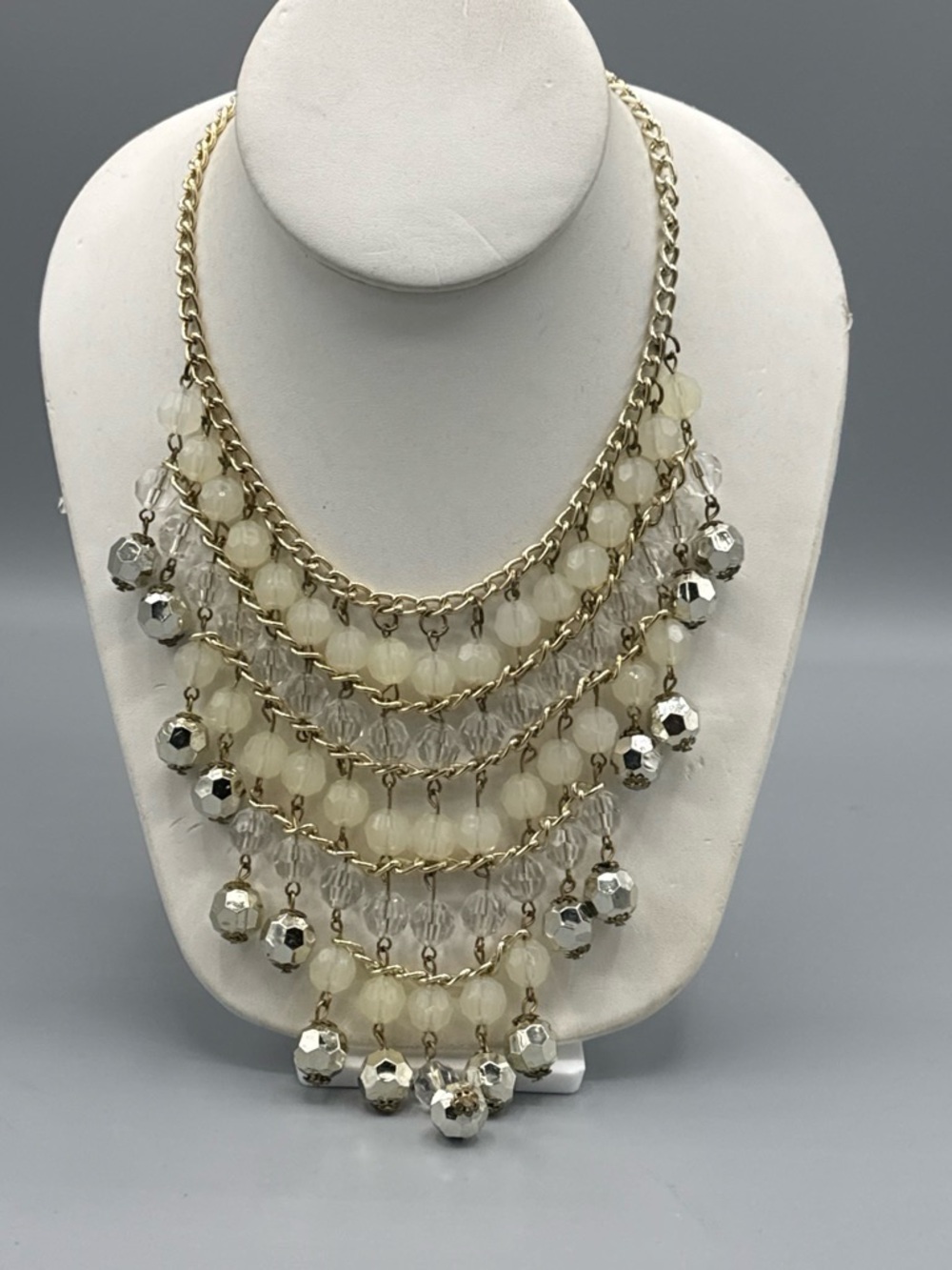 Gold-Tone Multi-Strand Ivory Bead & Silver Faceted Ball Statement Necklace